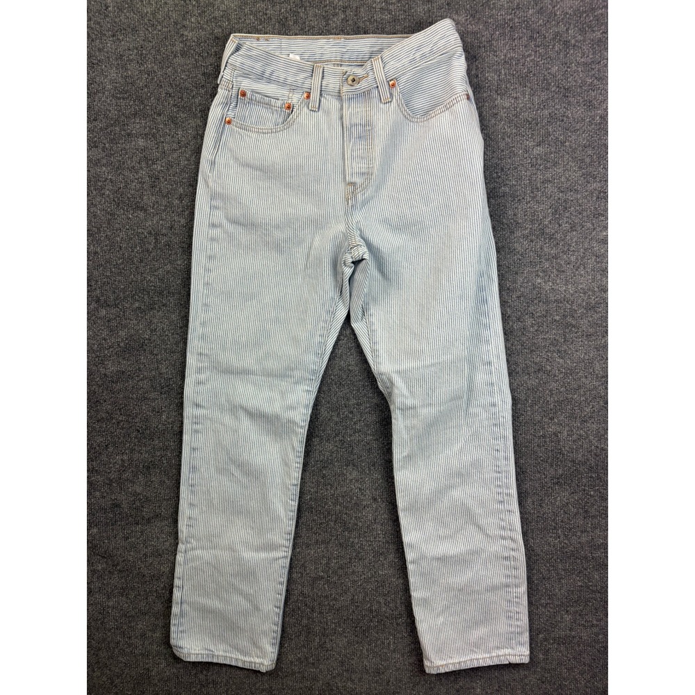 Levi's 501 Jeans Womens 28 Blue White Hickory Stripe High Rise Straight Leg